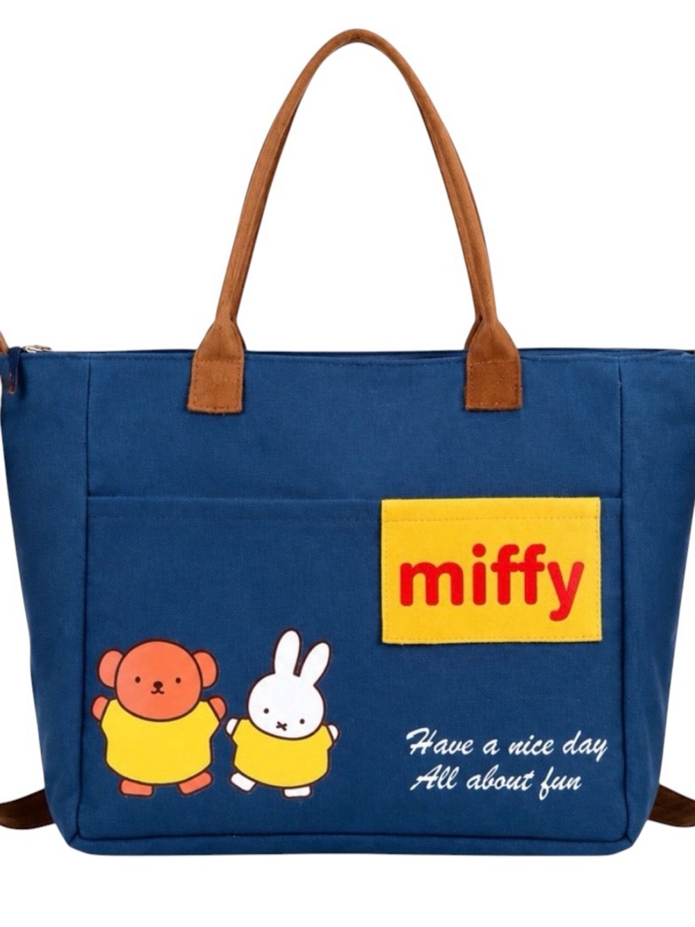 Miffy  Blue Canvas Tote with Yellow Patch and Brown Handles OS